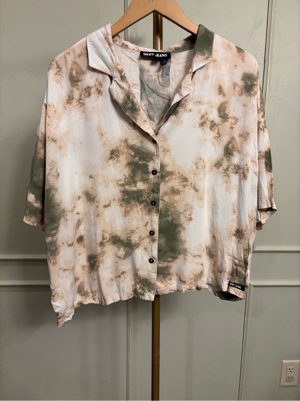 DKNY Tie-Dye Button Front Shirt - Olive & Beige